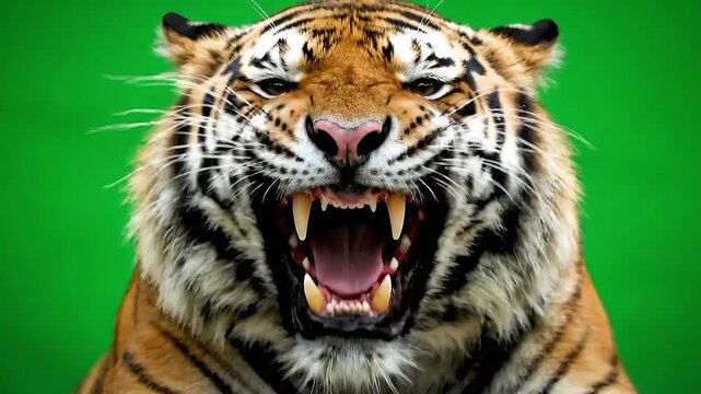 Dramatic tiger growl for wildlife documentary, intense wildlife scene, cinematic Bengal tiger face closeup, fierce apex predator video for nature film footage