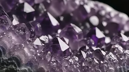 Purple crystals arranged on black surface against dark background, embodying simplicity and sophistication, perfect for conveying effortless elegance in commercial projects such as product.