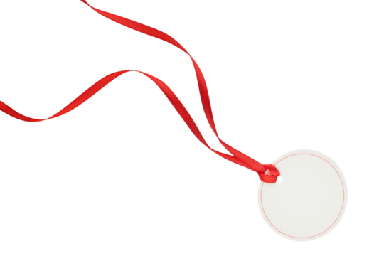 Blank white tag with with red border, red ribbon and red bow hanging isolated on white background with clipping path. Holiday Sale Concept. Design element.