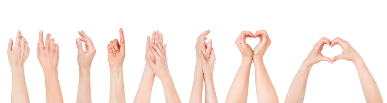 Set of female hands. Beautiful female hand finger pointing or touching something, shows or making sign heart shape isolated on white background with clipping path. Design element.