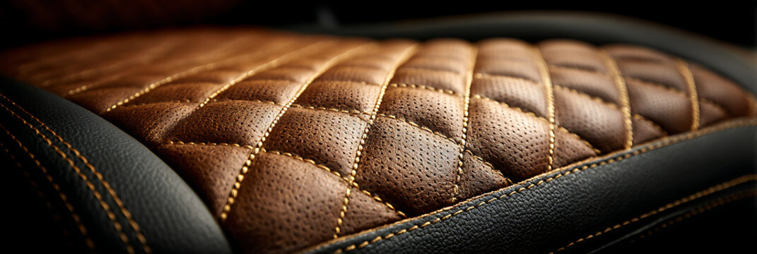 Close up detail of luxurious brown leather car seat upholstery featuring elegant diamond pattern stitching and perforated texture in dark moody lighting.