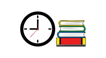 Clock showing nine o'clock next to a stack of colorful books on a black background