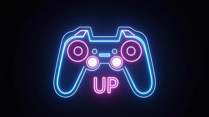 A neon-lit gaming controller with the word 'UP' glowing beneath it. - Powered by Adobe