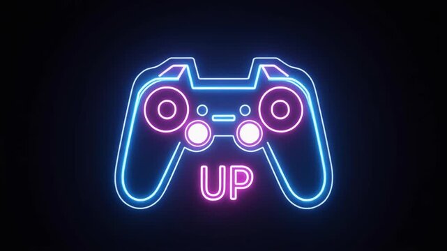 A neon-lit gaming controller with the word 'UP' glowing beneath it.