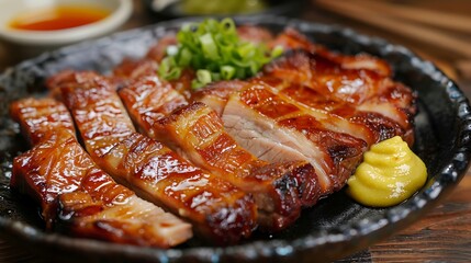 Close up of char siu pork slices on a black plate with mustard and green onion garnish on wood table