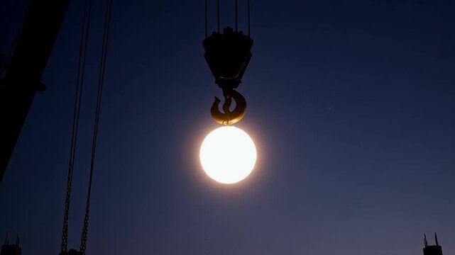 Industrial crane hook silhouette lifting the brilliant glowing sun at twilight