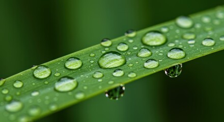 Numerous clear water droplets cling to the surface of a vibrant green leaf blade.