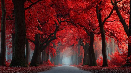 Winding Road Entering a Tunnel of Overhanging Red Autumn Trees, Dramatic and Mysterious Forest View, Wide View of an Asphalt Road Under a Canopy of Bright Red and Orange Autumn Foliage.