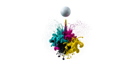 Golf ball dropping into vibrant cyan, magenta, and yellow ink splash isolated on transparent background