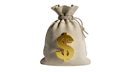 A beige burlap money bag with a large golden dollar sign symbol isolated on transparent background