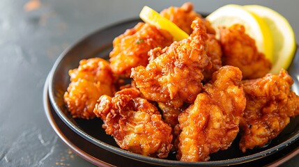 Close up of a plate of orange chicken with lemon wedges on a dark surface ready to be served