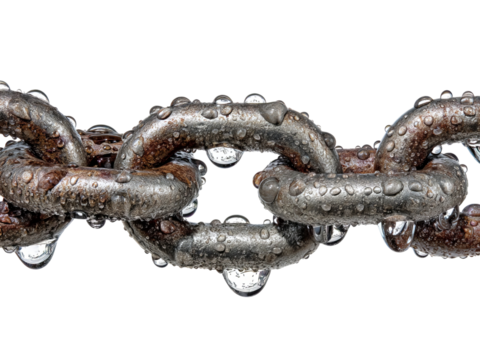 PNG of Close-up of a metallic chain with water droplets, showcasing texture and detailing.
