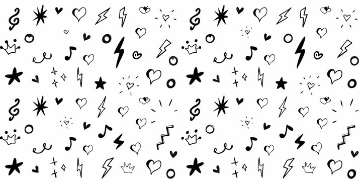 Hand drawn doodle pattern with hearts stars music notes and lightning bolts