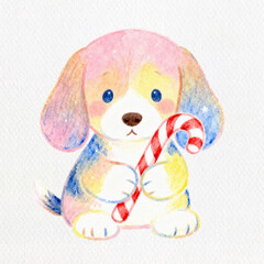 A puppy holding a candy cane: A cute puppy is happily holding a candy cane. This charming image evokes warmth and celebration, perfect for conveying the joy and innocence associated with the holidays.