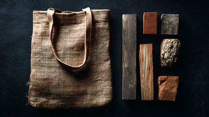 Organized flat lay knolling of a rustic burlap tote bag and rectangular wooden blocks or samples arranged neatly on a dark textured background.