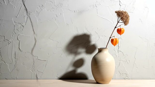 A hand arranging dried physalis and flowers in a minimalist ceramic vase with dramatic shadows.