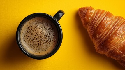 Coffee and croissant on a bright yellow surface, showing morning snack on a simple background with no other items present