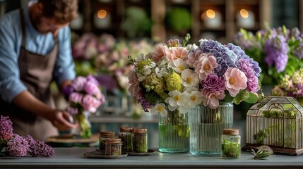 Florist prepares bouquets with various flowers in a shop during daytime with natural light and colorful flower arrangements on display