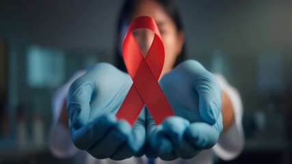 Asian doctor supporting AIDS awareness holding red ribbon, promoting compassion and hope in modern medical setting during campaign for global health