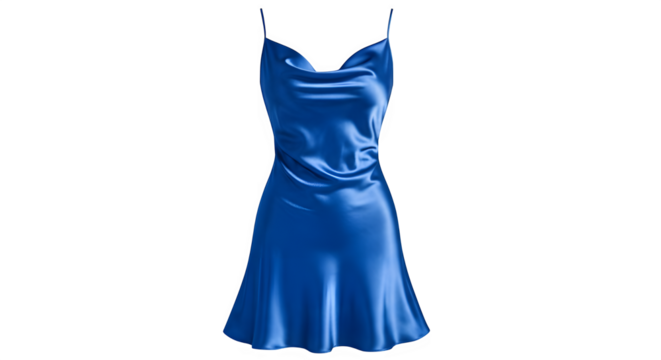 Elegant royal blue satin slip mini dress with cowl neck isolated on transparent background