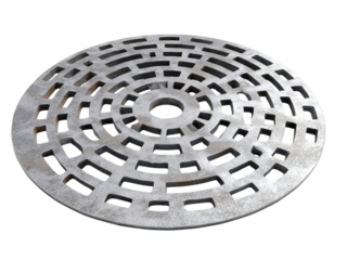 PNG of Circular metallic drain cover with intricate geometric patterns, showcasing durable design for urban environments.