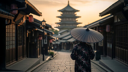 Stroll through Traditional Japanese Street with Pagoda View and Person Holding Umbrella