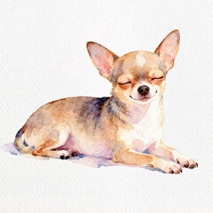 Joyful Chihuahua in Watercolor: A charming chihuahua with closed eyes, embodies tranquility in a watercolor painting. Capturing the essence of canine comfort and warmth.