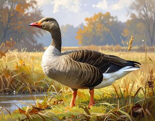 Captivating Greylag Goose Painting Amidst Autumnal Landscape Serenity in Nature