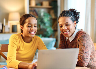 Mother and daughter doing homework with laptop at home. Mom and teenage girl happy using laptop. Teen girl and mum sitting at home working with notebook