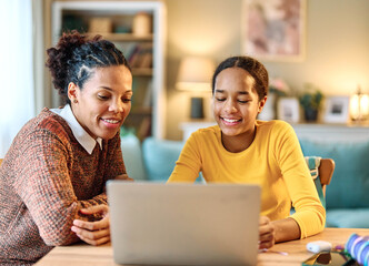 Mother and daughter doing homework with laptop at home. Mom and teenage girl happy using laptop. Teen girl and mum sitting at home working with notebook