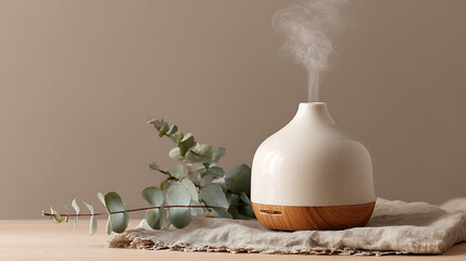 Minimalist spa setting featuring a white ceramic essential oil diffuser emitting steam next to fresh eucalyptus branches on a beige fabric surface.