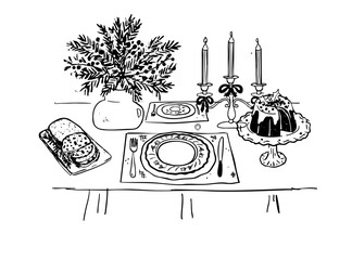 Whimsical Christmas Dinner Table Setting Doodle. Festive Candles, Cake, and Holiday Place Setting Scene. Outline Hand-Drawn Vector Illustration