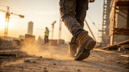 Worker walking away from construction site at golden hour close-up of dusty boots in motion blur cinematic environment