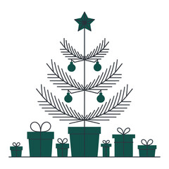 Christmas tree with gifts and gingerbread cookies on white background