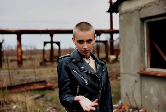 A young woman with a septum piercing and leather jacket turns and reaches at a derelict industrial site with rusted pipelines, muted overcast light, shallow depth.