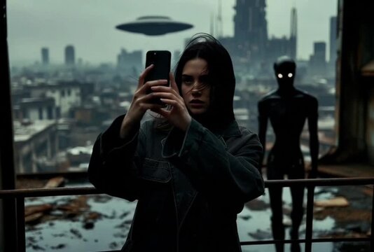A young woman holds a phone on a wet rooftop as wind moves her hair. A dark robot stands behind her and a disc UFO hovers over a foggy city. Overcast light, shallow depth.