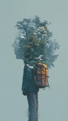 Silhouette of a traveler merges visually with a dense forest scene illustrating connection with nature