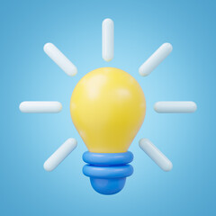 3D render of a bright yellow light bulb with a blue base and white radiating light beams on a soft blue background. Symbolizing creativity, innovation, ideas, and solutions in a cute, cartoon style.