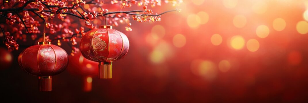 Chinese Lanterns with Festive Fireworks for Lunar New Year Celebration Decor