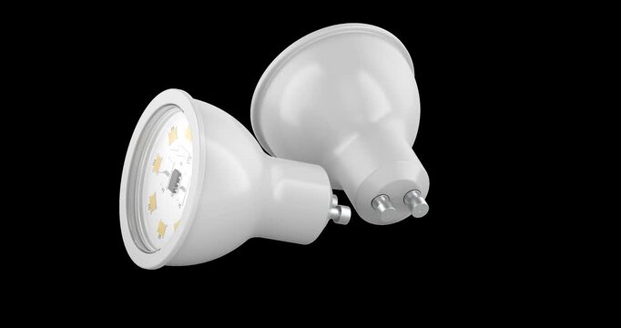 LED spotlight bulbs rotation animation seamlessly loopable. 3D rendering isolated on transparent background