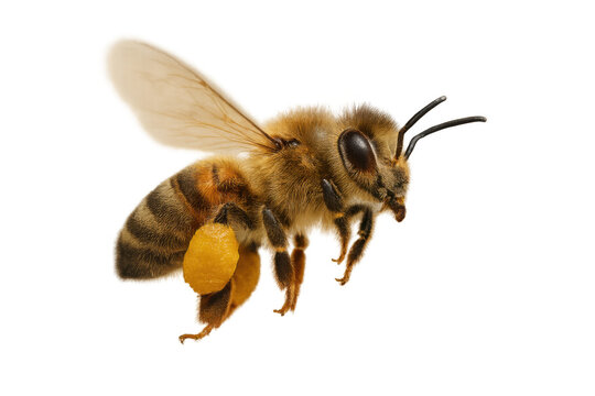 Honey bee flying with pollen loads, insect collecting for pollination and agriculture on transparent background