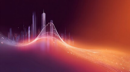 Illuminated digital cityscape flows across a gradient background of deep violet and bright orange