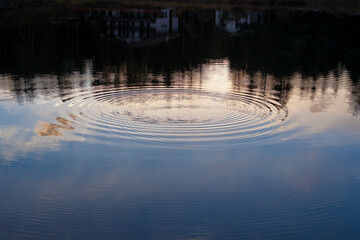 Ripples expand across a reflective water surface, blending wave geometry with sky and landscape reflections.