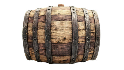 PNG of A rustic wooden barrel with metal bands, showcasing intricate grain patterns and a vintage look.