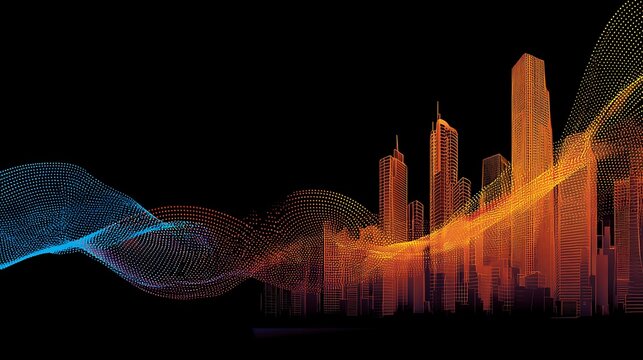 Glowing digital wave lines flow across a modern city skyline rendering on a dark background
