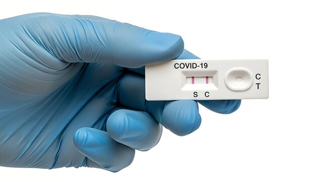 Gloved Hand Holding a Positive COVID-19 Rapid Antigen Test Cassette.