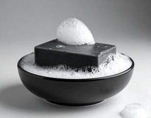 Black charcoal soap bar with white foam in a black bowl for hygiene and beauty