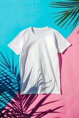 Plain white garment lies flat on a brightly colored surface casting dramatic foliage shadows