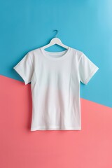 Plain white short sleeve garment hangs against a background split between bright blue and coral pink.