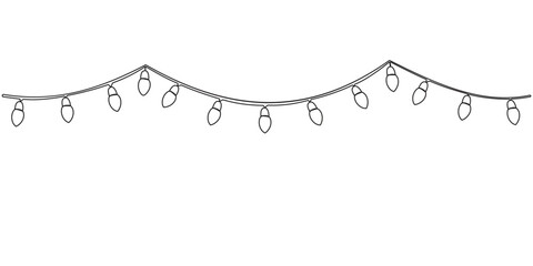 Festoon, garland with bulbs drawing with one Continuous line. Festive, Christmas garland in simple linear style. Split frame for design for banner, background. Vector editable illustration